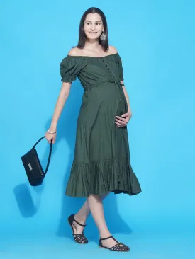 Olive Green Asymmetric Viscose Rayon Maternity & Nursing Dress