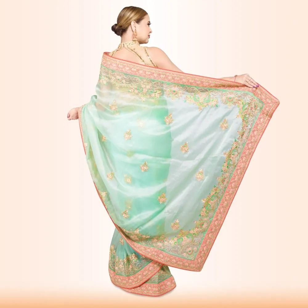 Organza Sari with Hand embroidery - Green