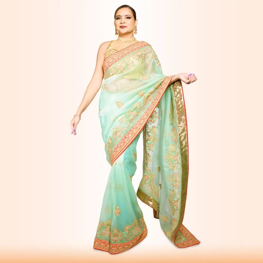 Organza Sari with Hand embroidery - Green