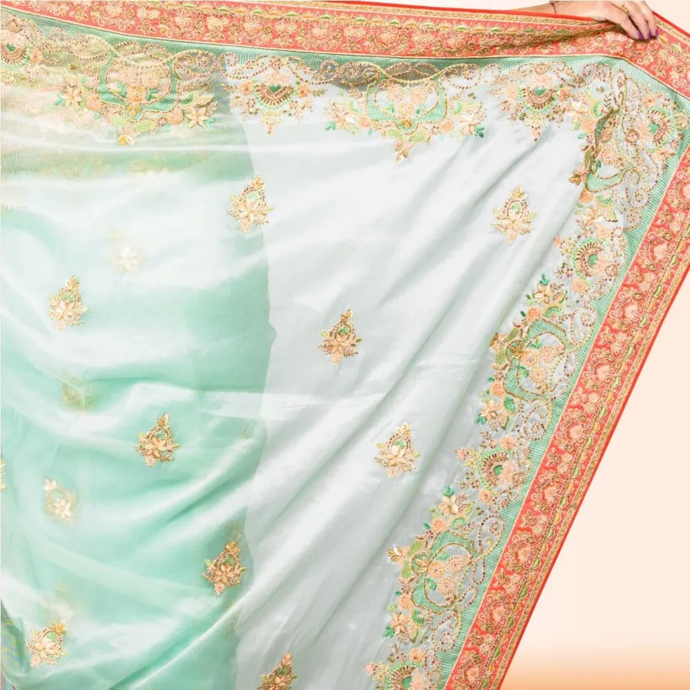 Organza Sari with Hand embroidery - Green