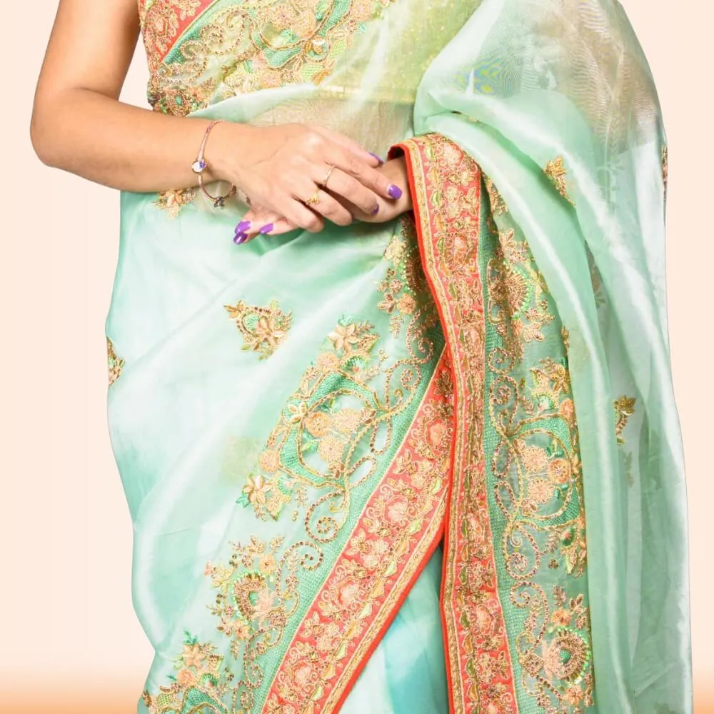 Organza Sari with Hand embroidery - Green