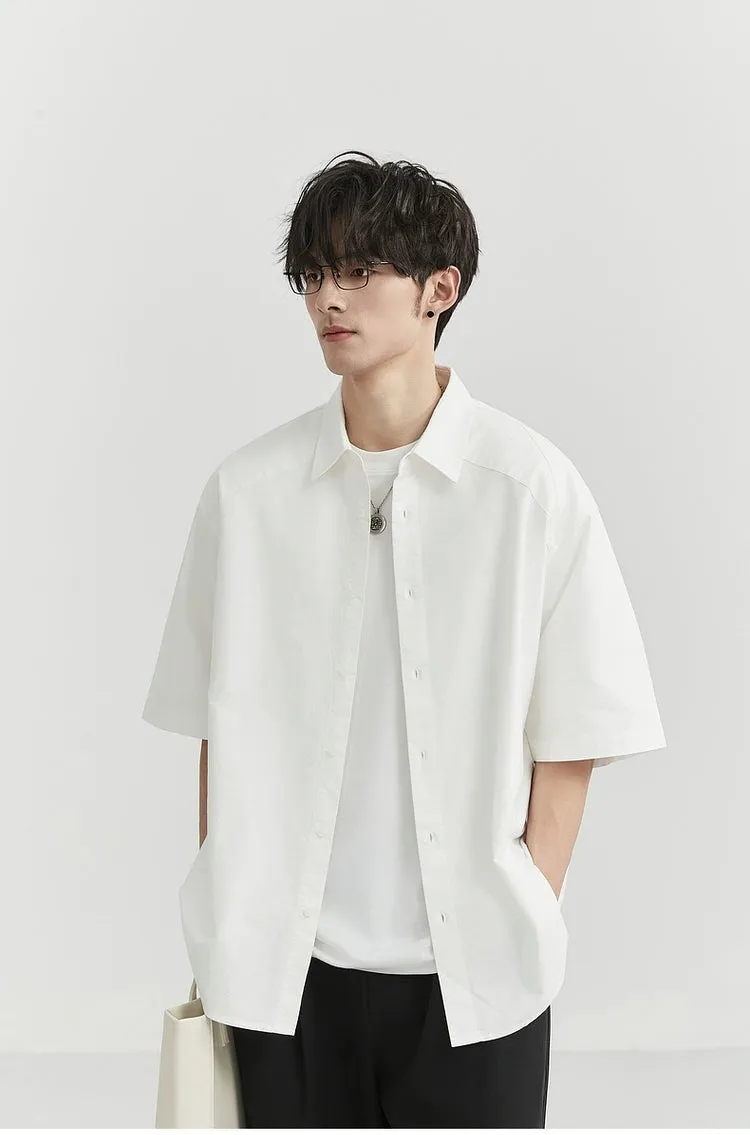 Oversized Short Sleeve Stitch-Detail Button-Up Shirt