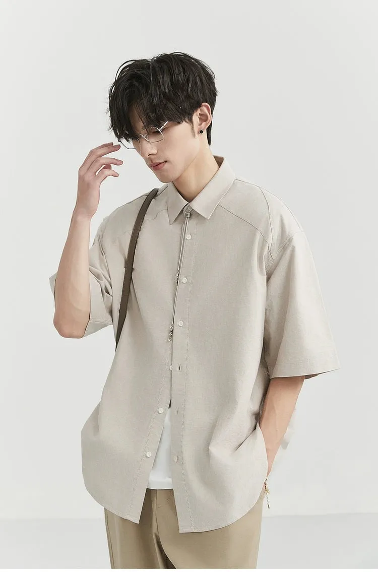 Oversized Short Sleeve Stitch-Detail Button-Up Shirt