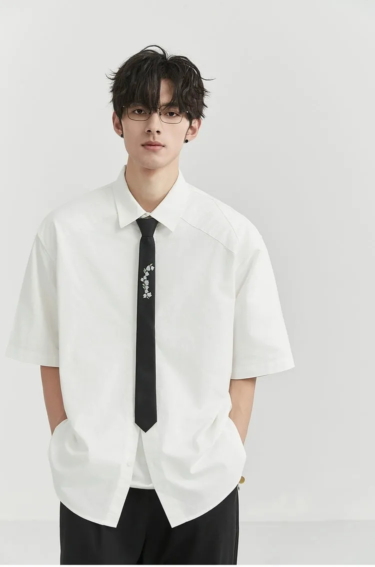 Oversized Short Sleeve Stitch-Detail Button-Up Shirt