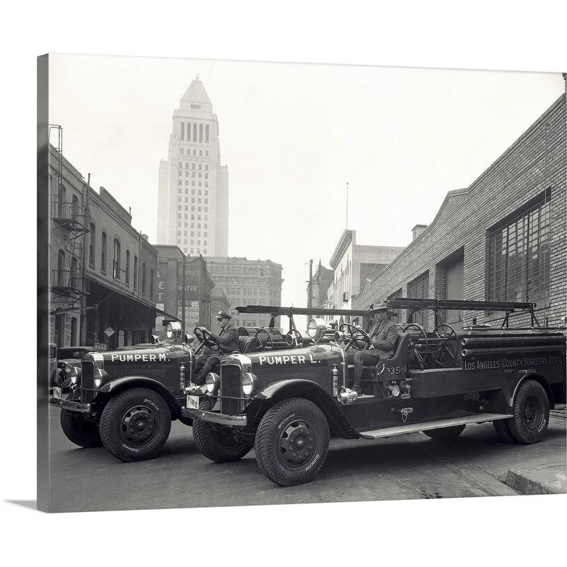 "1920's 1930's Two Fire Trucks With Los Angeles City Hall California USA In Ba" Canvas Wall Art