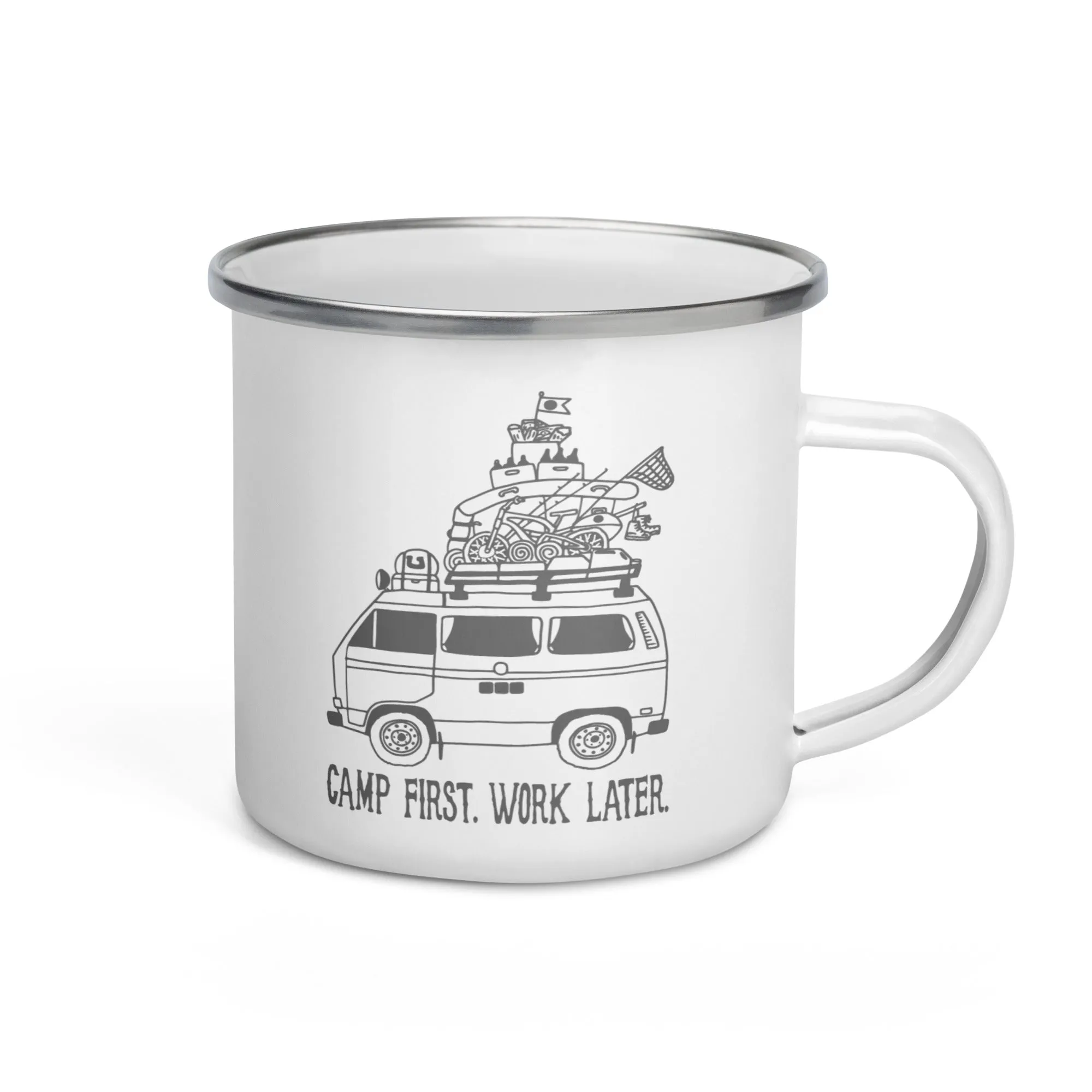 "Camp First, Work Later" Vanagon Enamel Mug