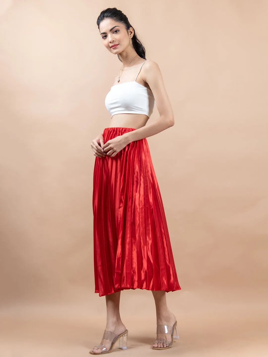 Red Flared Skirt with Accordion Pleats