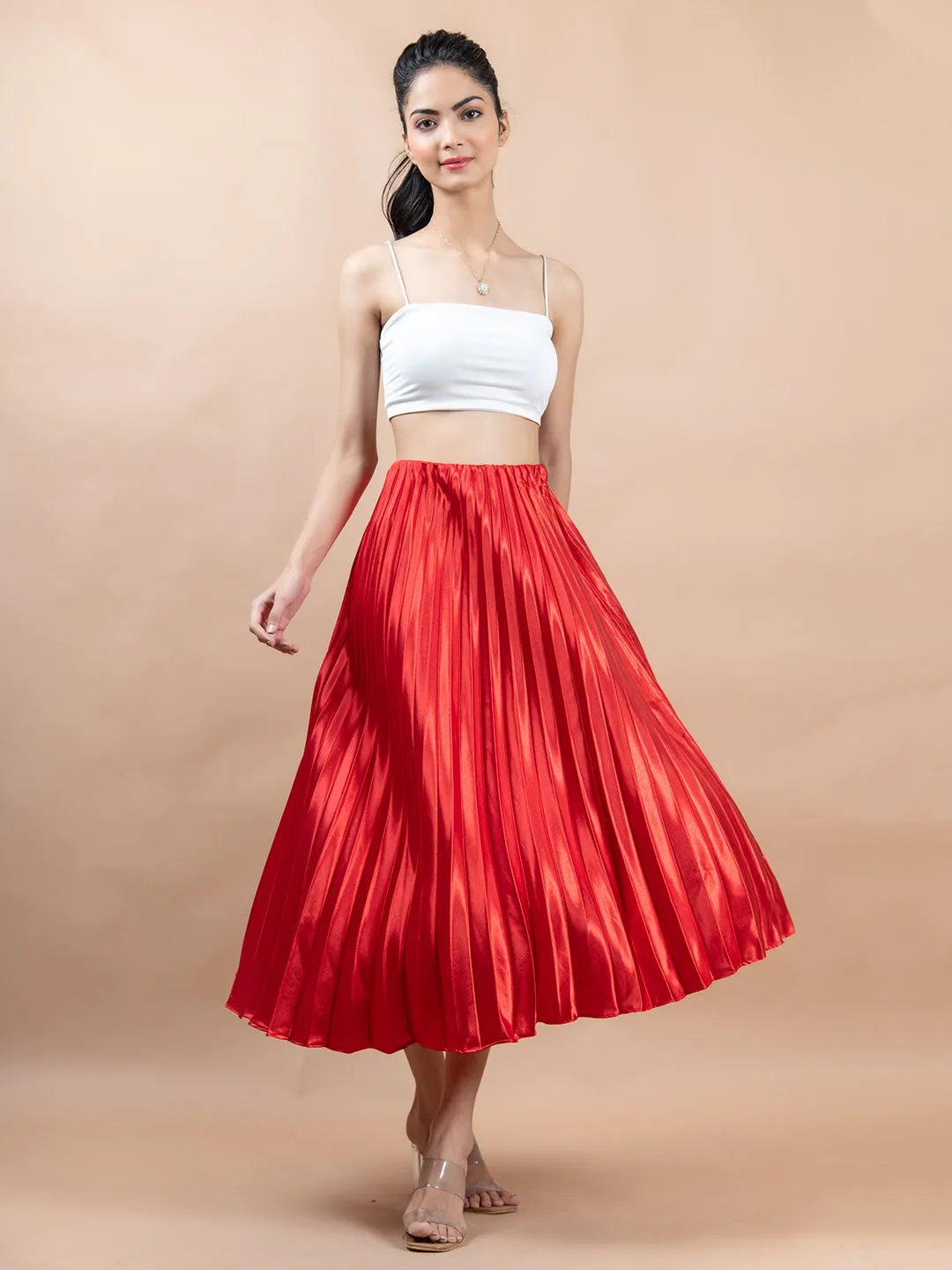 Red Flared Skirt with Accordion Pleats