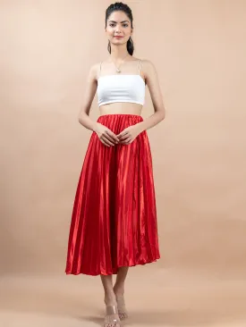 Red Flared Skirt with Accordion Pleats