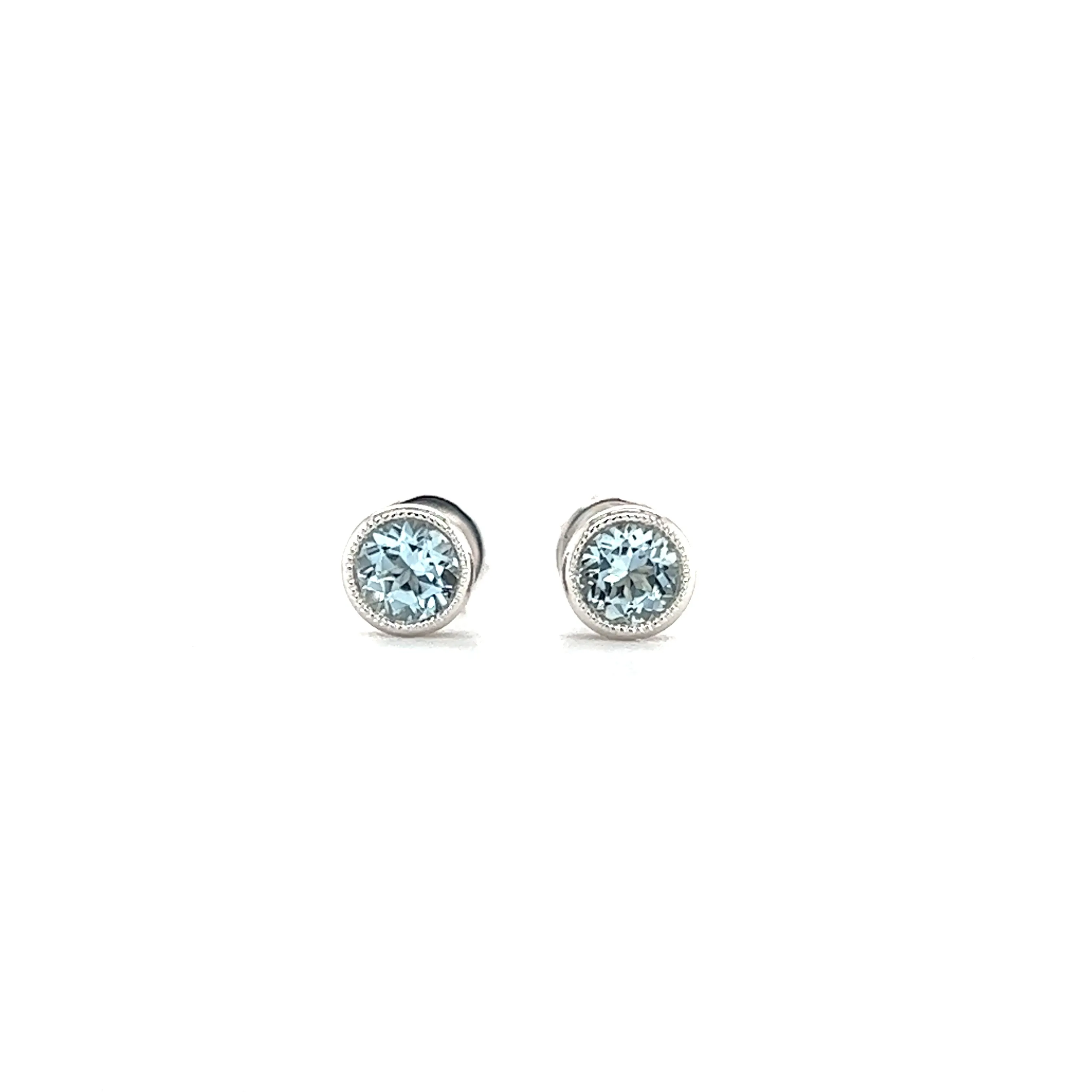 Round Aquamarine Stud Earrings with Filigree and Milgrain in 14K White Gold