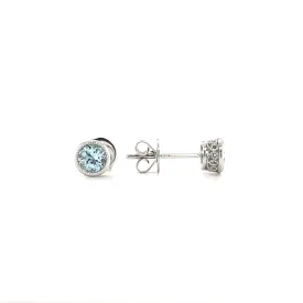 Round Aquamarine Stud Earrings with Filigree and Milgrain in 14K White Gold