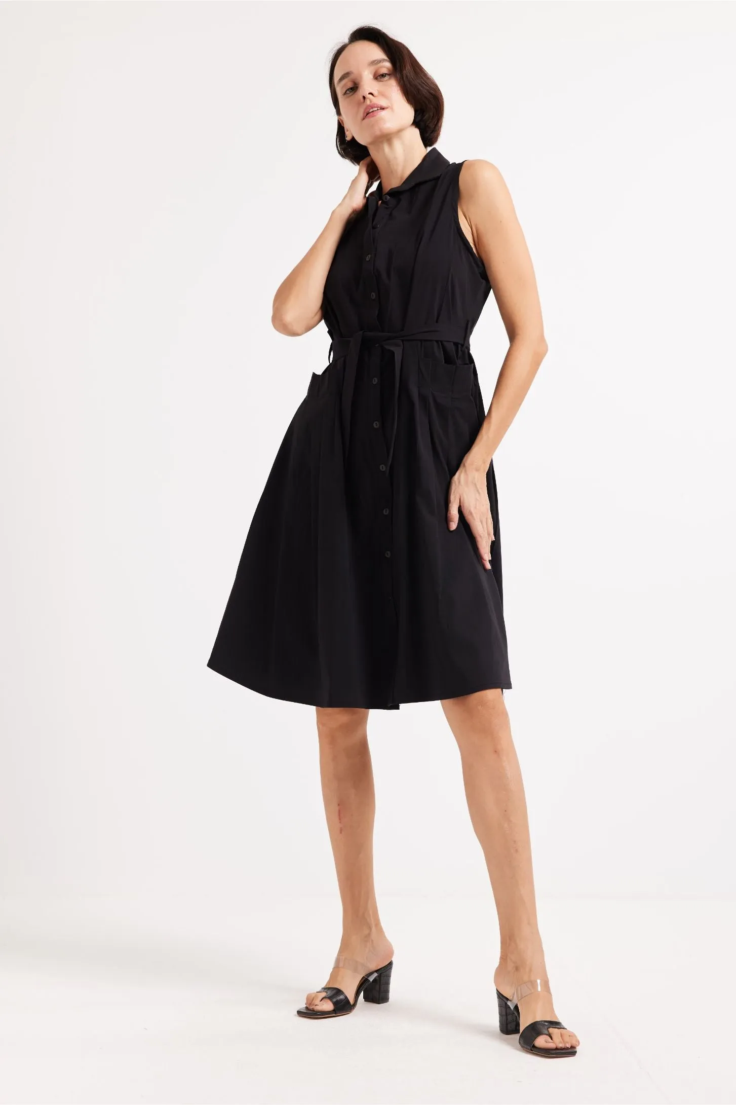 SLEEVELESS SHIRT DRESS - BLACK