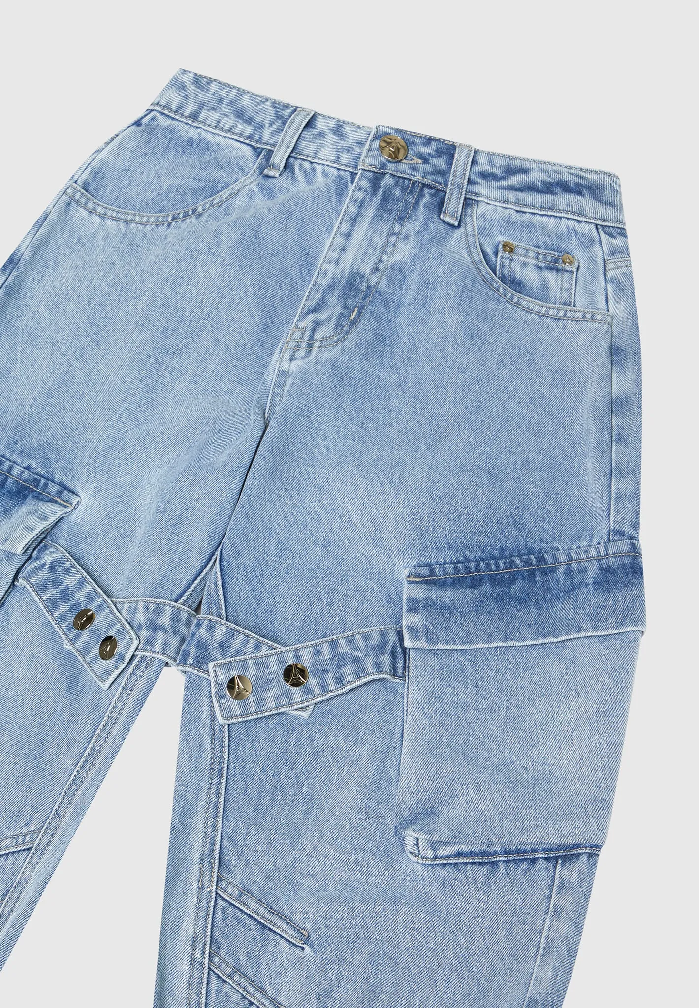 Strap Detail Cargo Jeans - Mid Blue