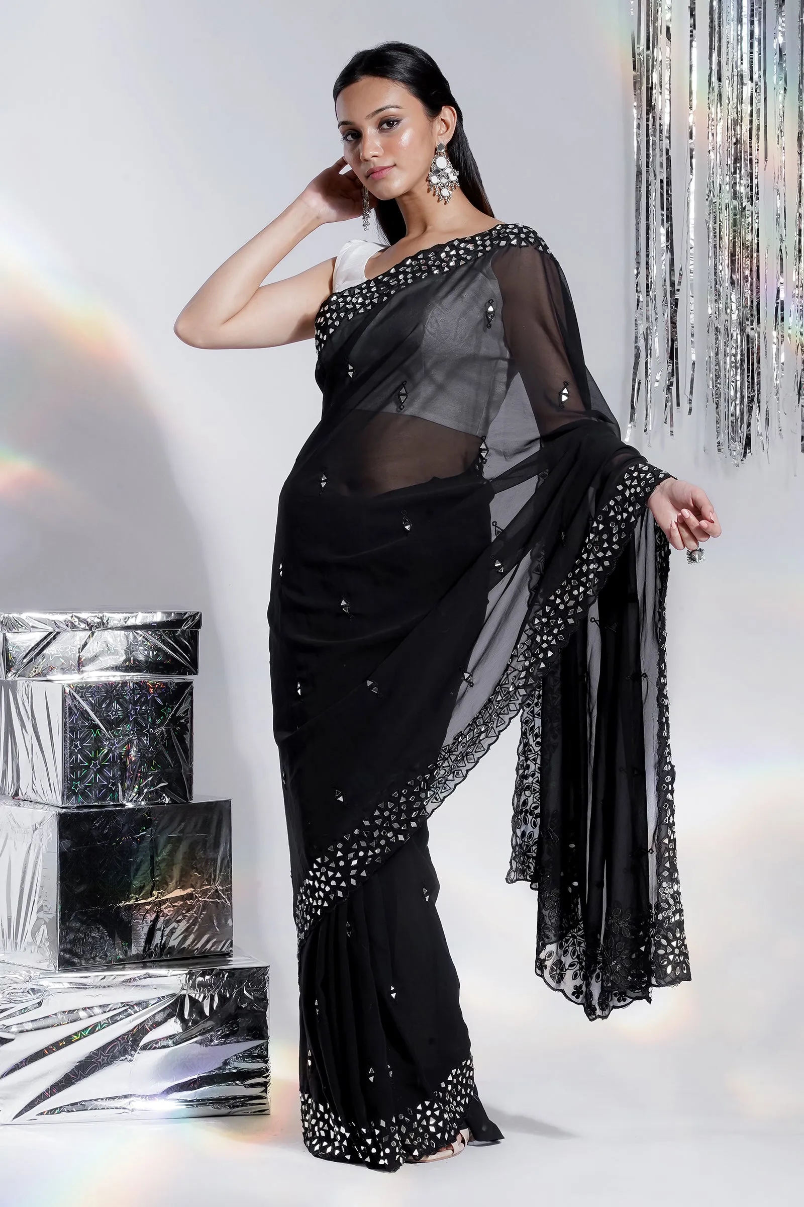 Teejh Amraya Black Georgette Mirror Work Saree