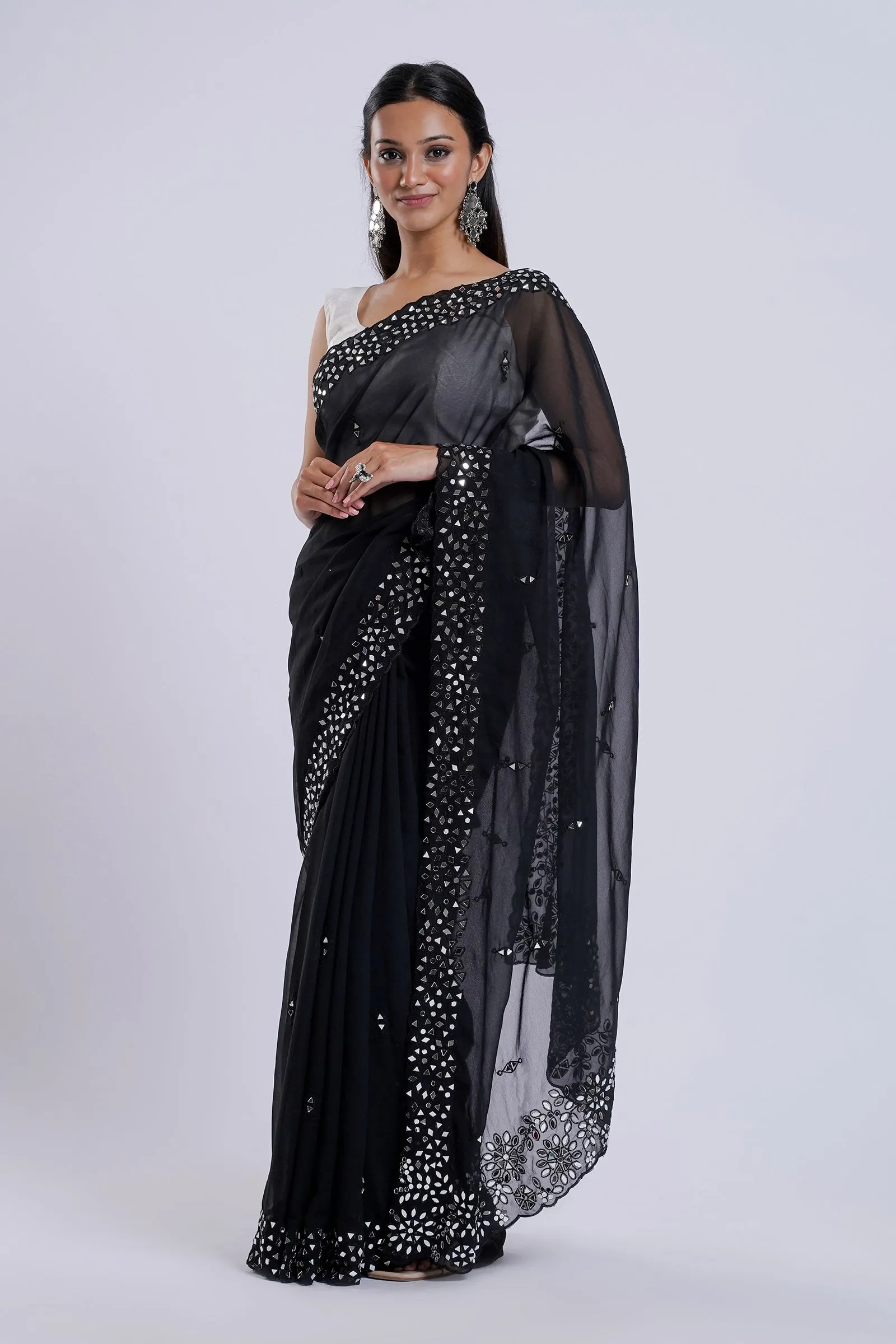 Teejh Amraya Black Georgette Mirror Work Saree