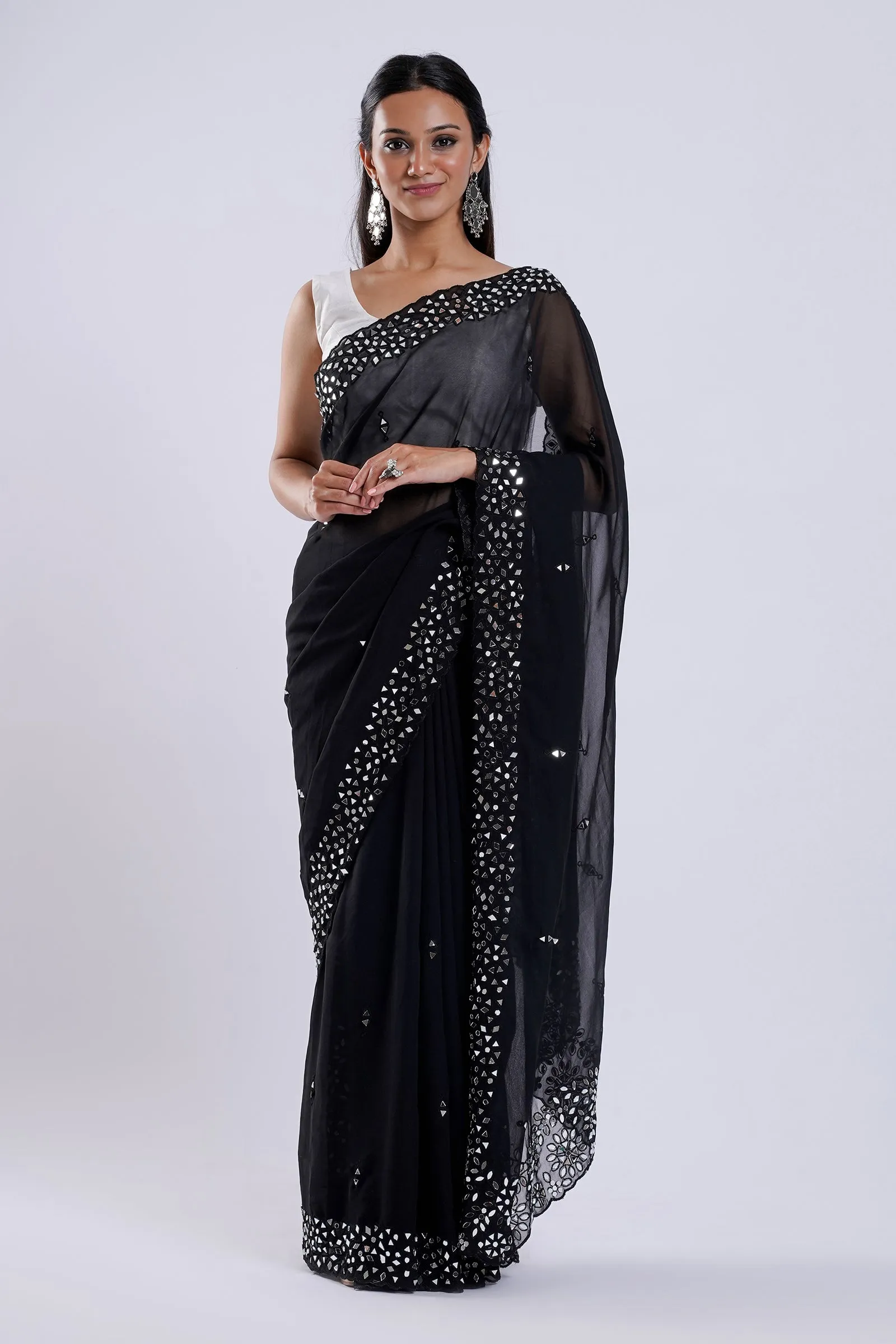 Teejh Amraya Black Georgette Mirror Work Saree