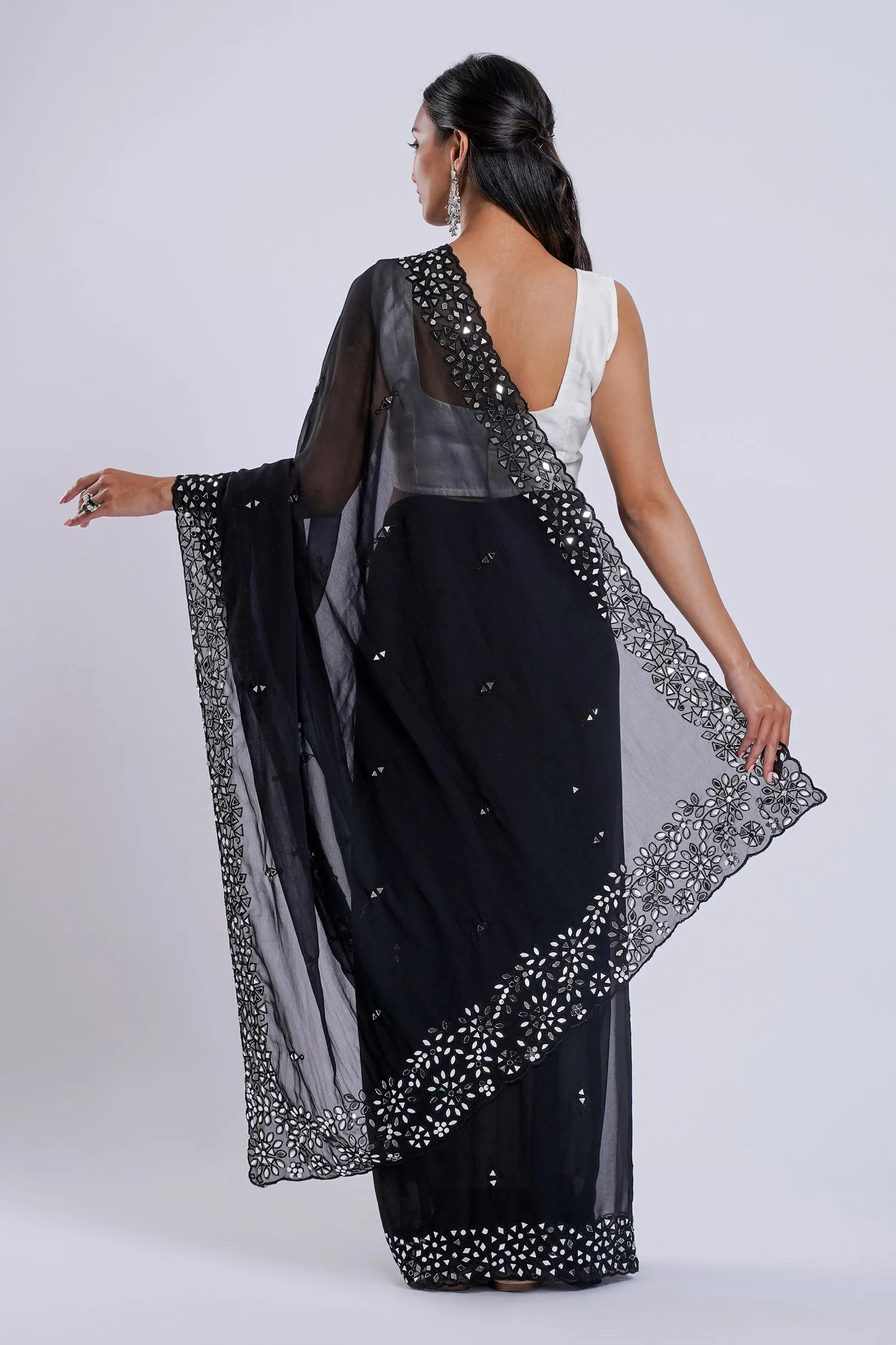 Teejh Amraya Black Georgette Mirror Work Saree