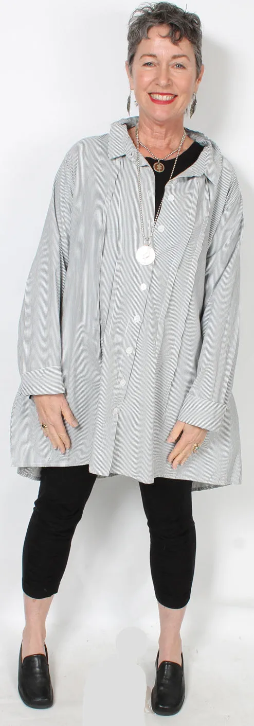 Tulip Latte Gray-White Stripe Cotton Shirt Lagenlook Boho Resort  XL Sml-2x