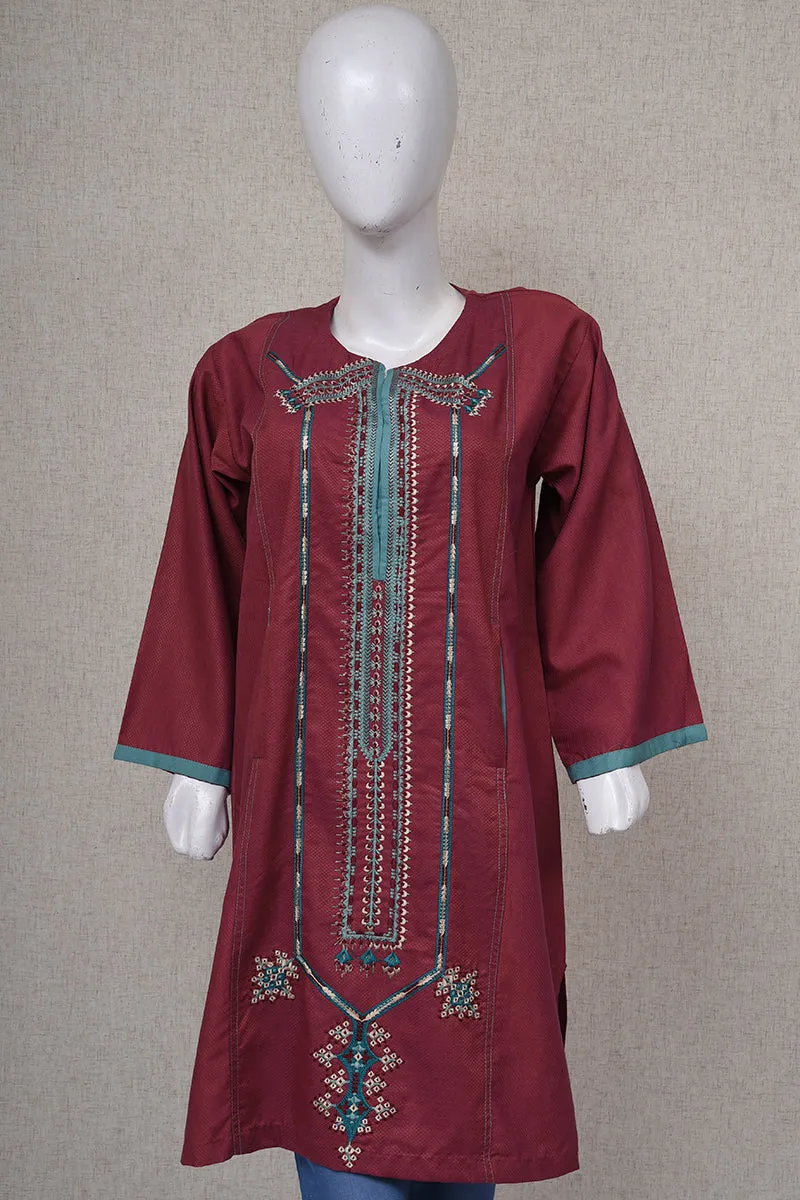 Women Self Printed Embroided Kurti Red