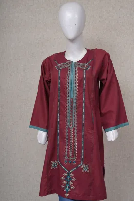 Women Self Printed Embroided Kurti Red