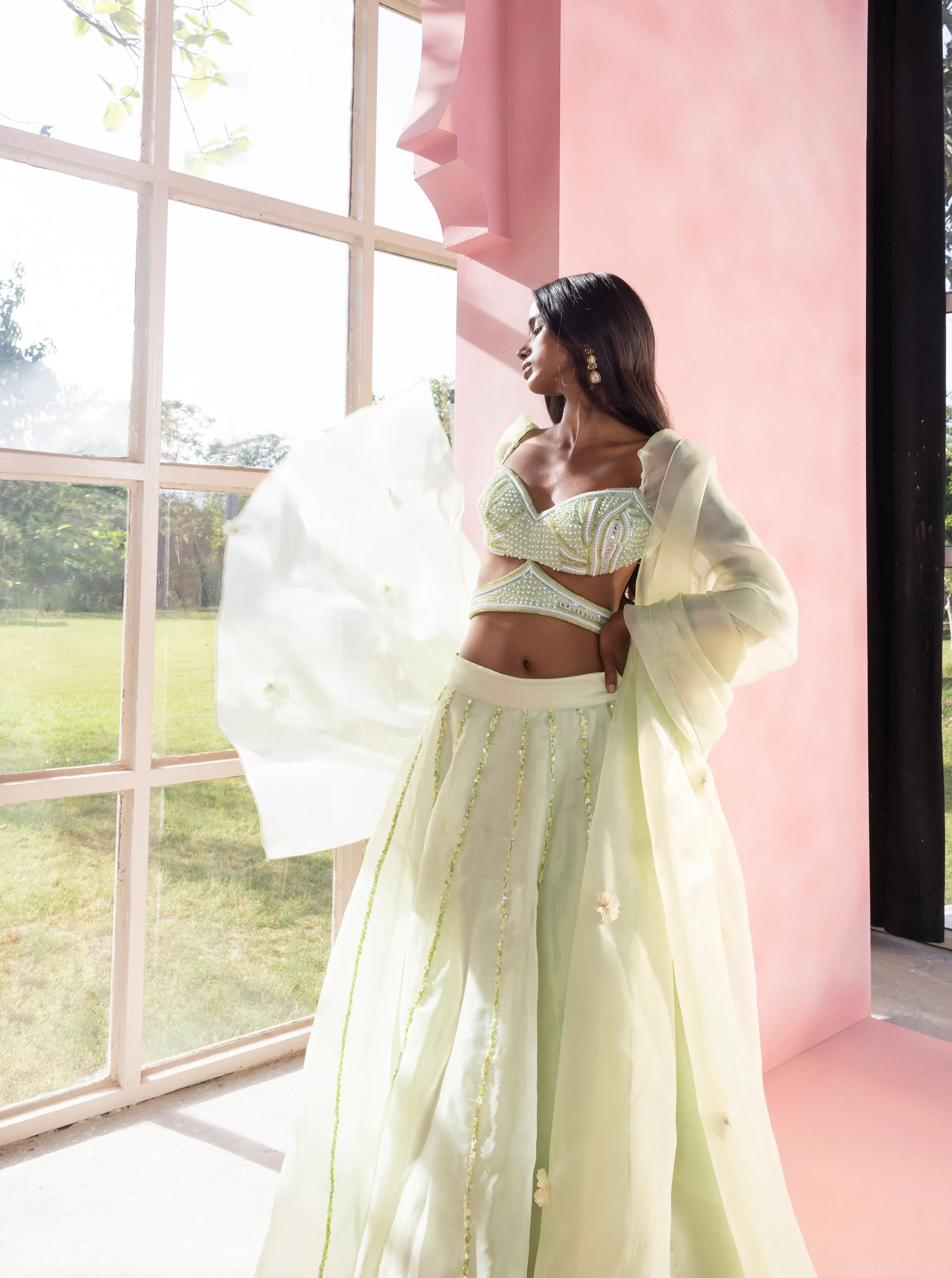 Yashika and Vanya Sage Green Hand-Embroidered Lehenga Set