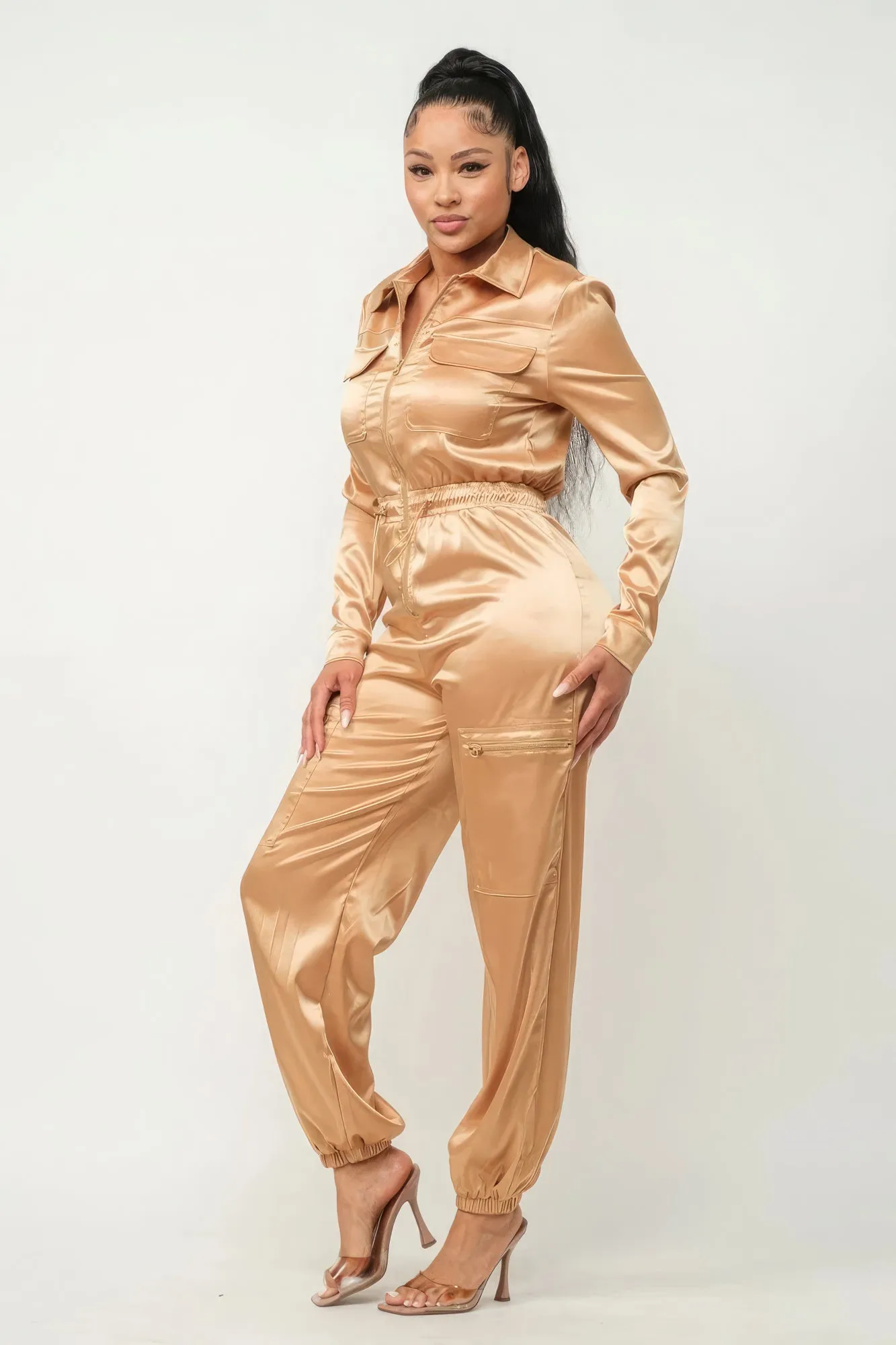 Zip Front Satin Cargo Jumpsuit