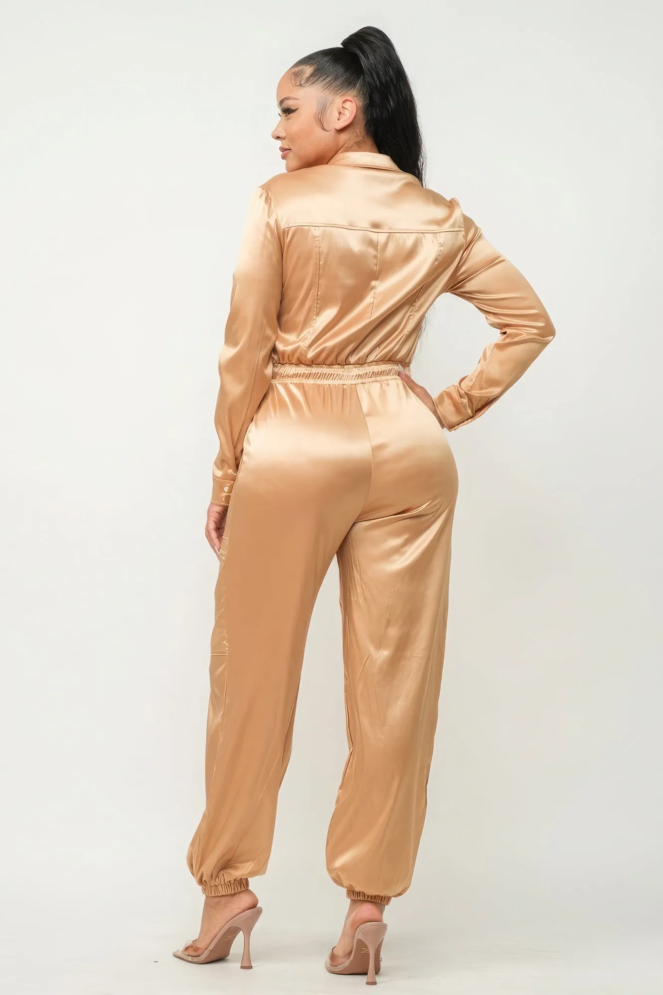 Zip Front Satin Cargo Jumpsuit