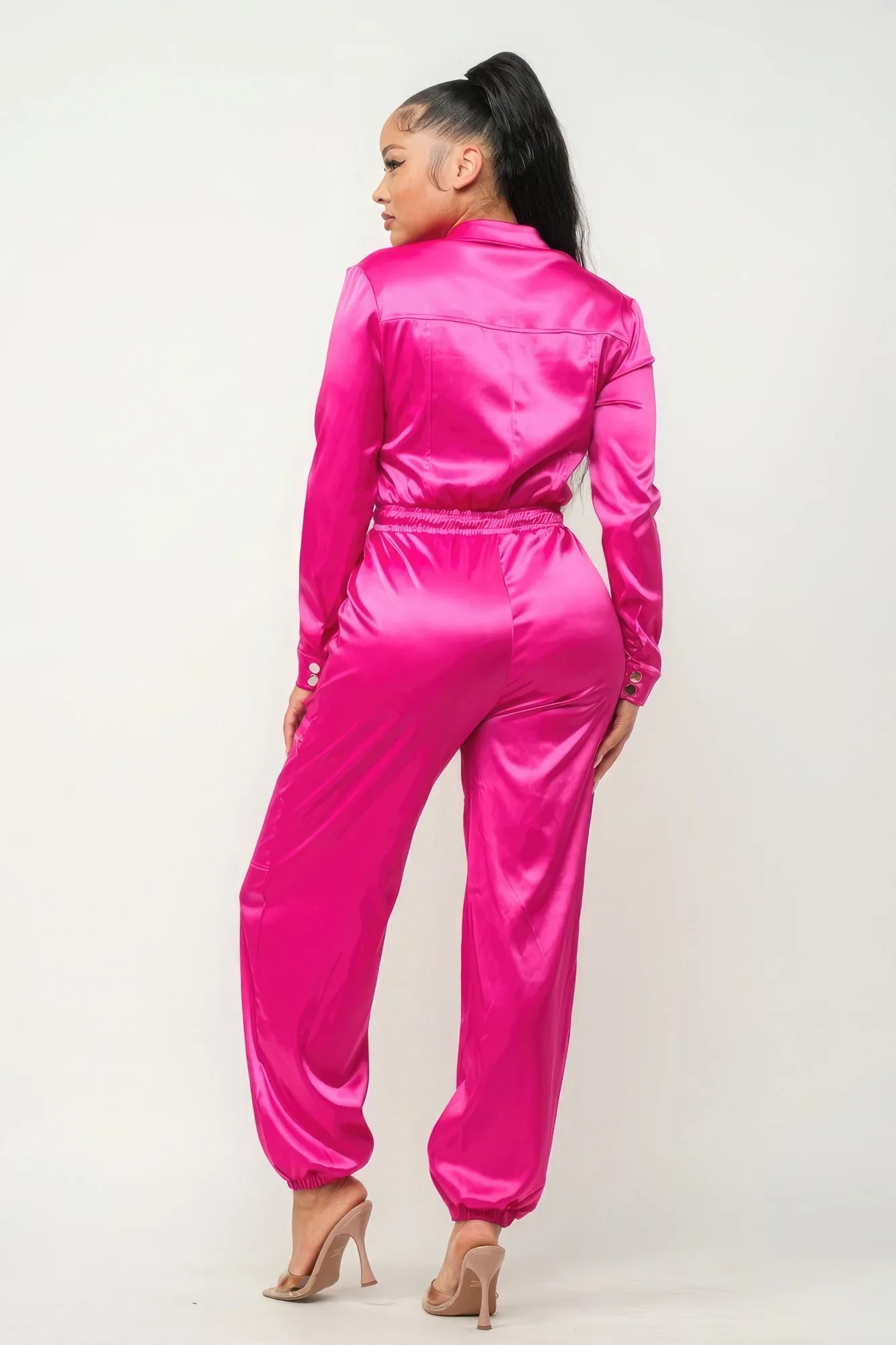 Zip Front Satin Cargo Jumpsuit